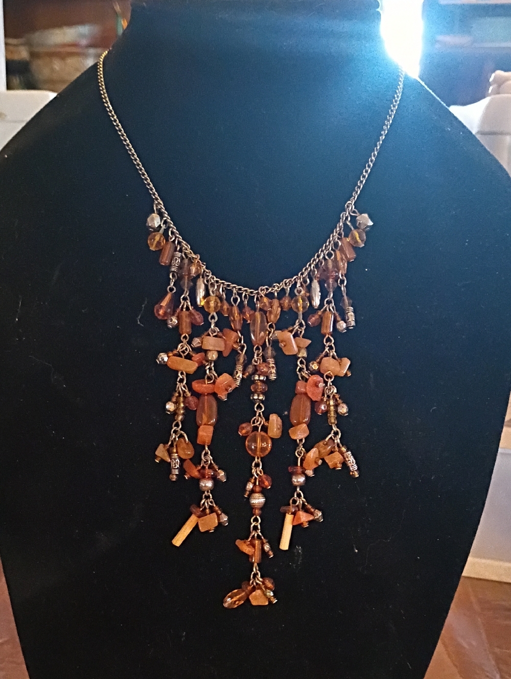 Handmade Amber-Tone Fringe Statement Necklace - Women Jewelry
